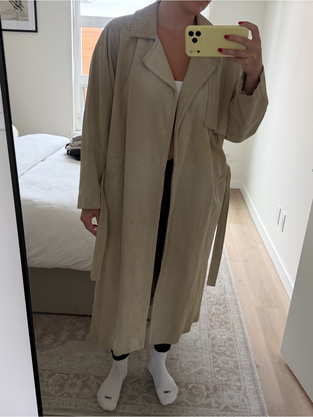 Sage Long Suede Trench Coat